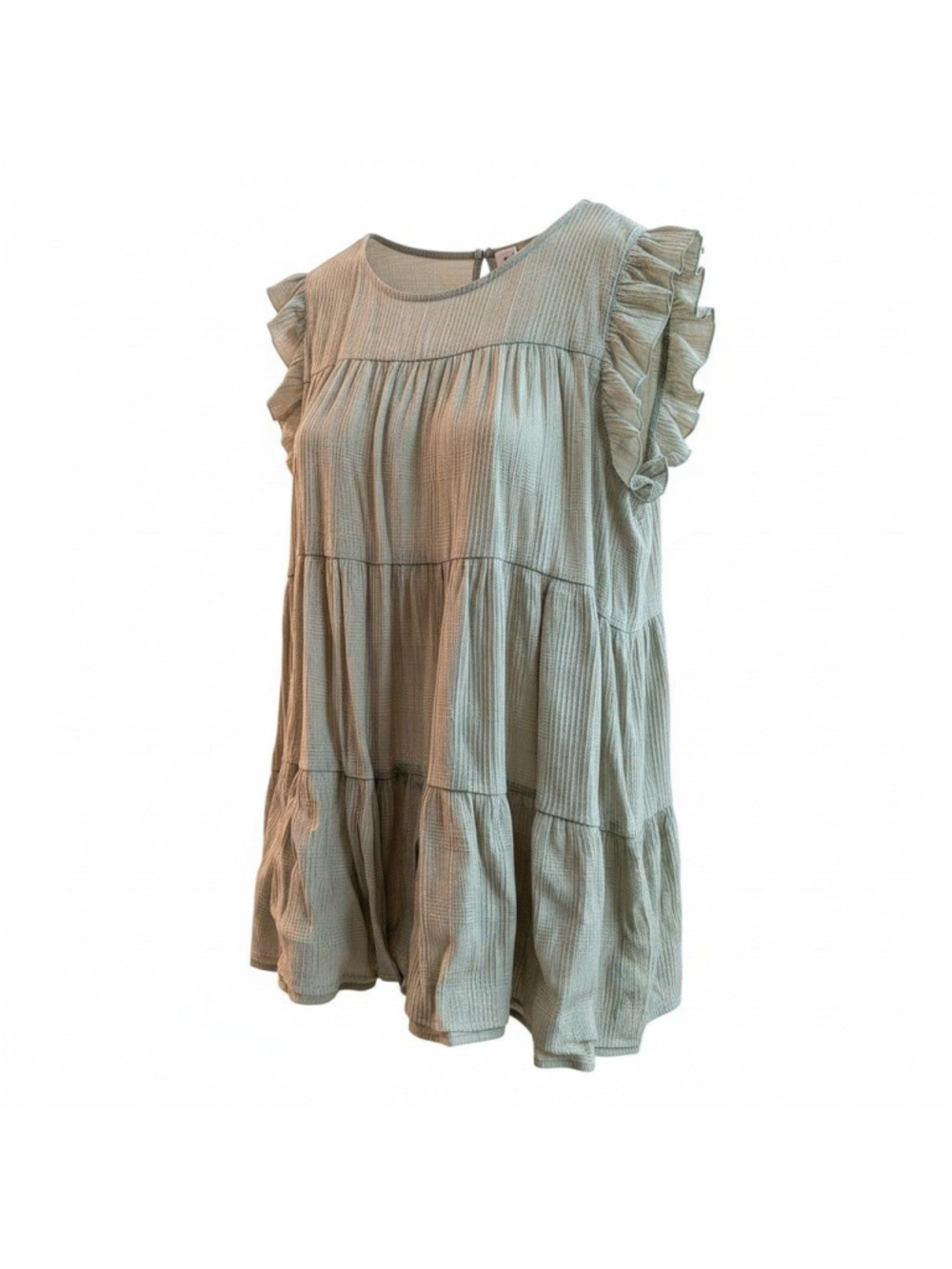 Doe & Rae Tiered Babydoll Tunic Top Ruffle Sleeve Sage Green Textured Large